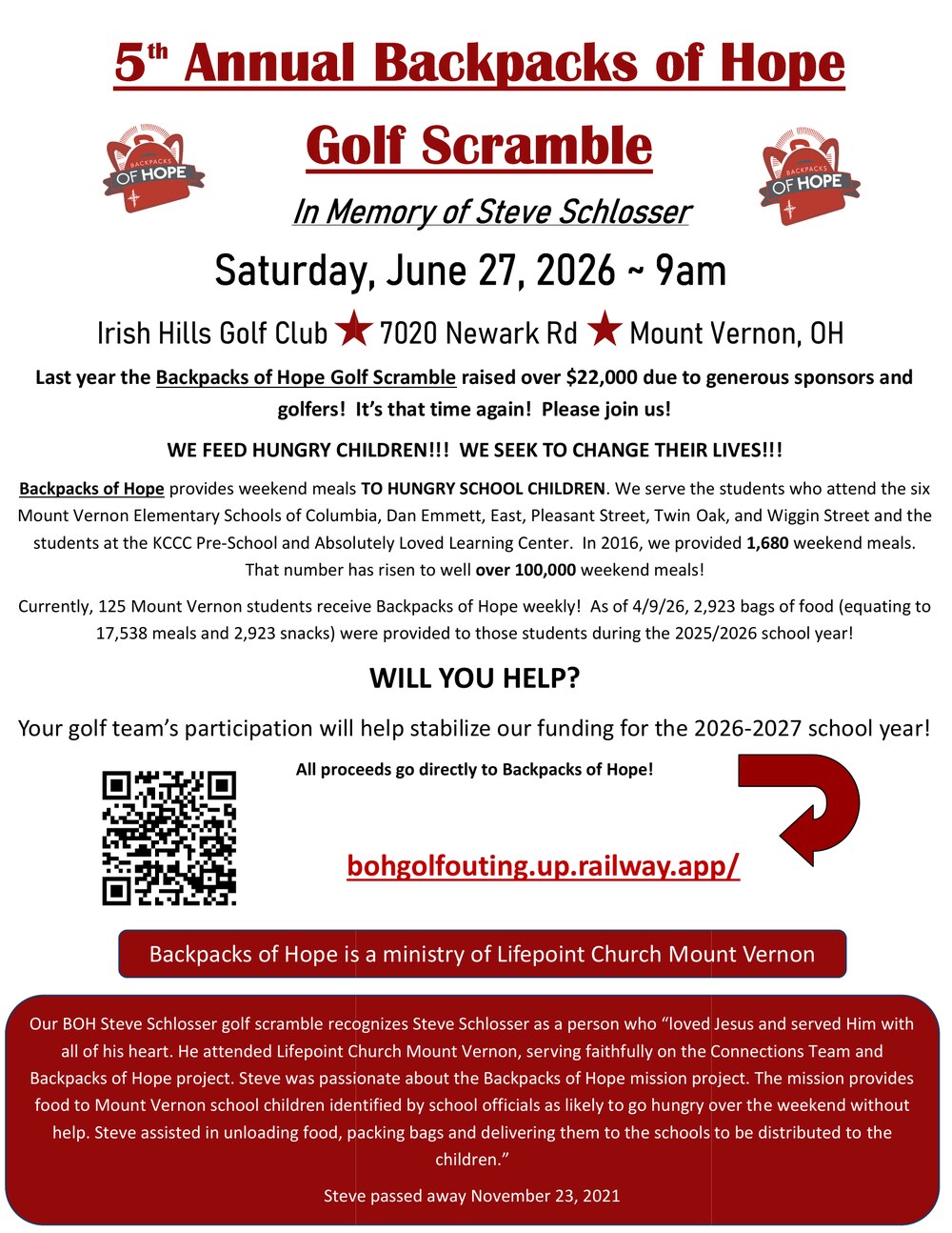5th Annual Backpacks of Hope Golf Scramble — official 2026 flyer